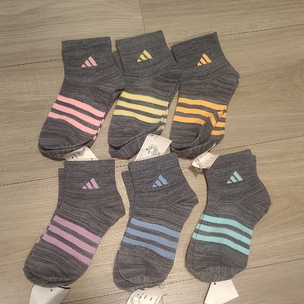 adidas Kids Gray Ankle Socks with Multicolor Stripes